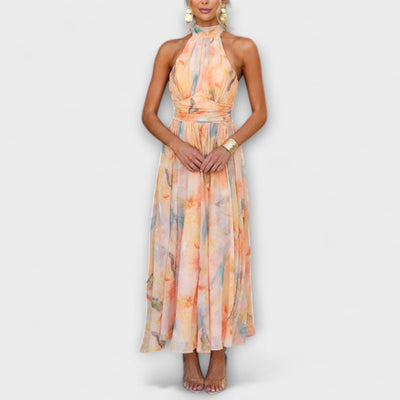Vestido largo maxi con cuello halter y estampado de acuarela