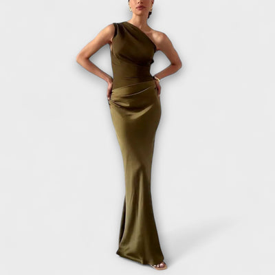Vestido Maxi Elegante de Una Hombro con Pliegues