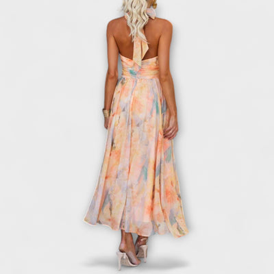 Vestido largo maxi con cuello halter y estampado de acuarela