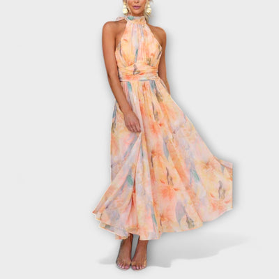 Vestido largo maxi con cuello halter y estampado de acuarela