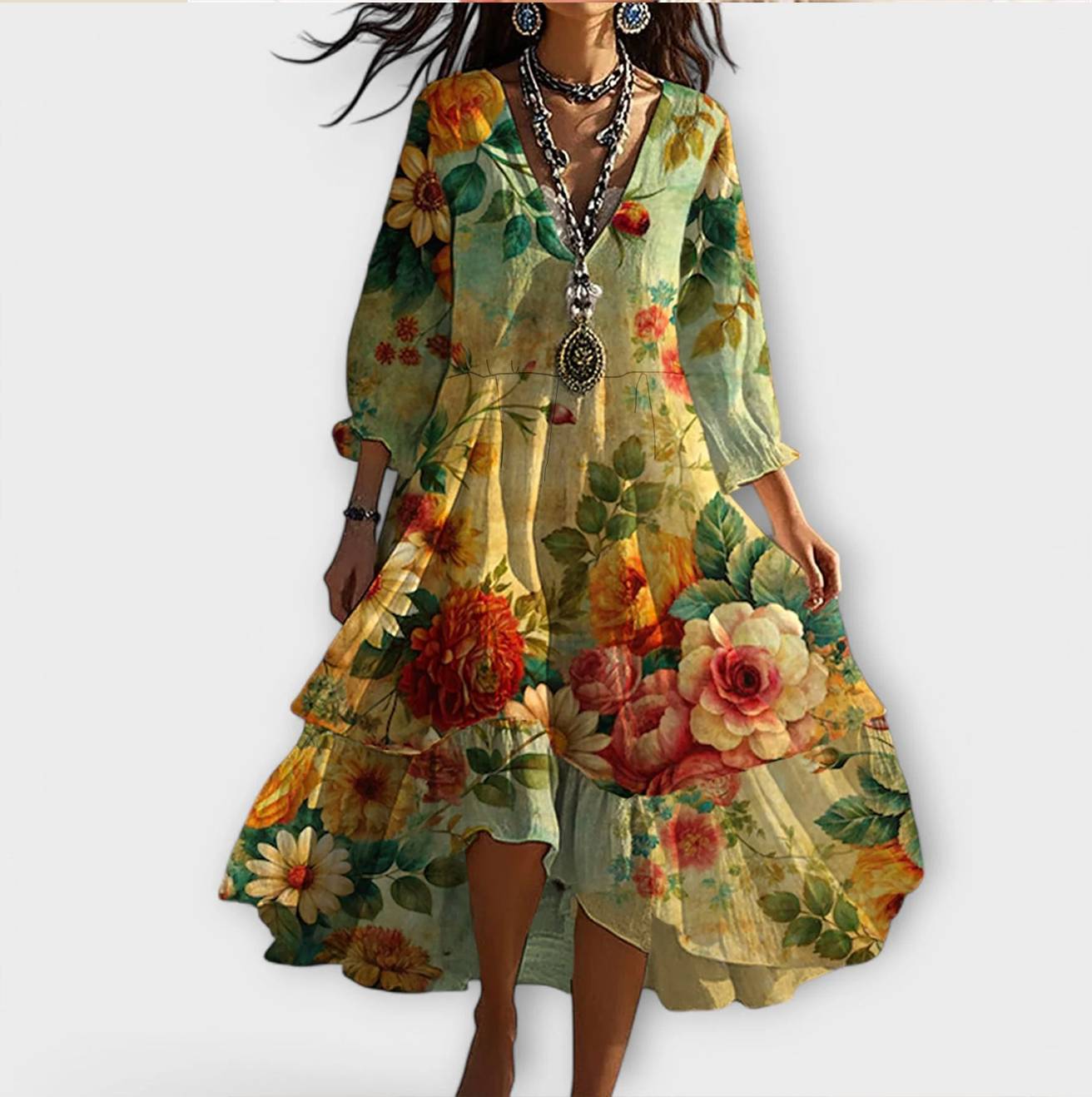 Marina - Vestido vintage boho con estampado de flores y escote en V