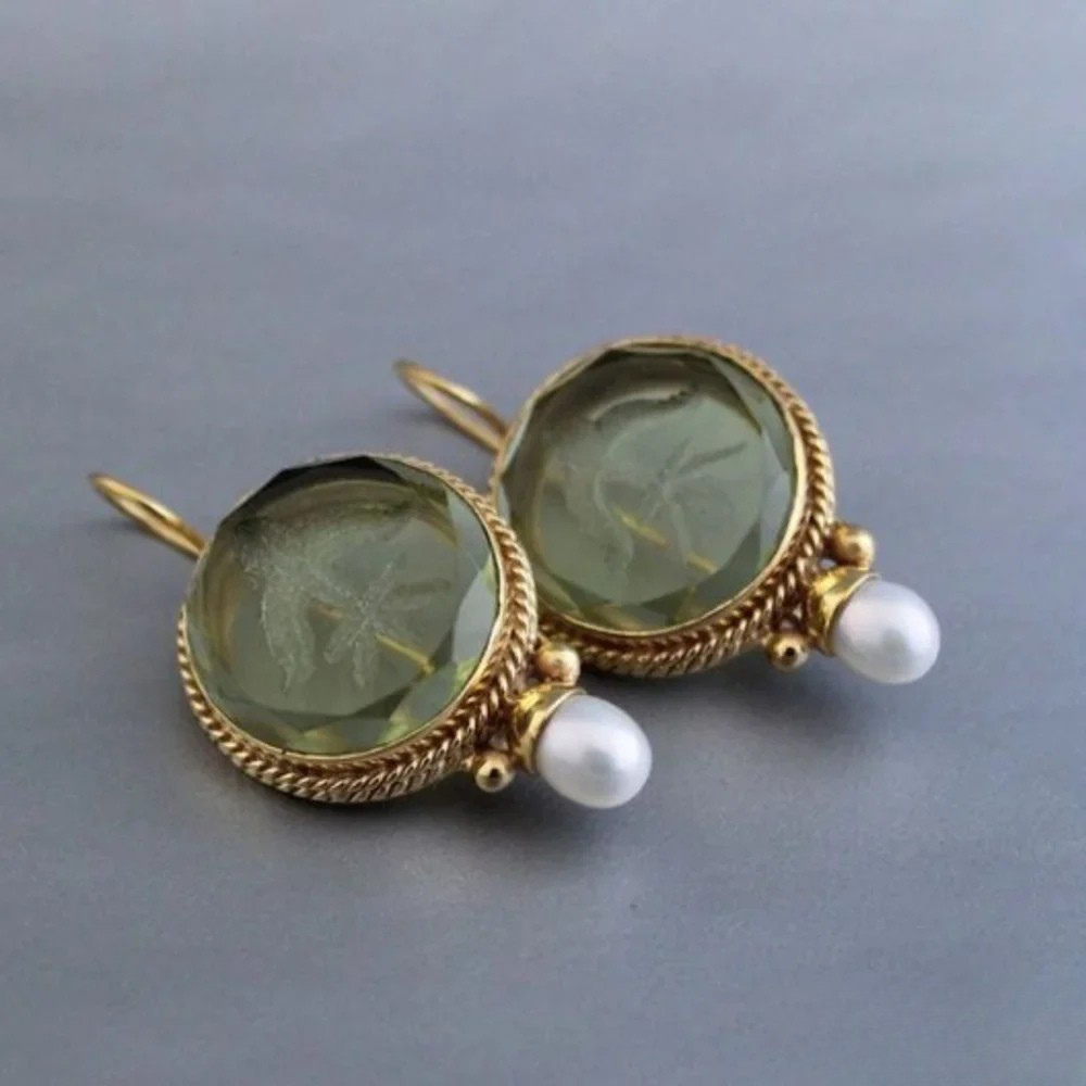 Pendientes de piedra verde redonda vintage
