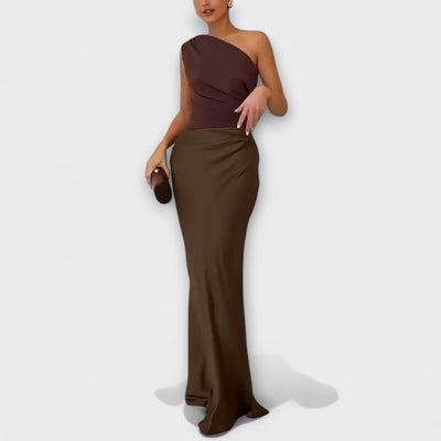 Vestido Maxi Elegante de Una Hombro con Pliegues