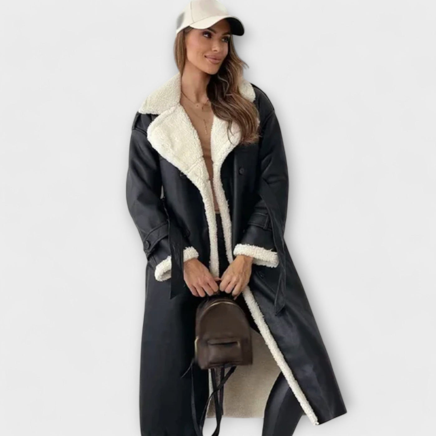 Maria – Chaqueta clásica larga con forro de felpa y cuello de oso de peluche