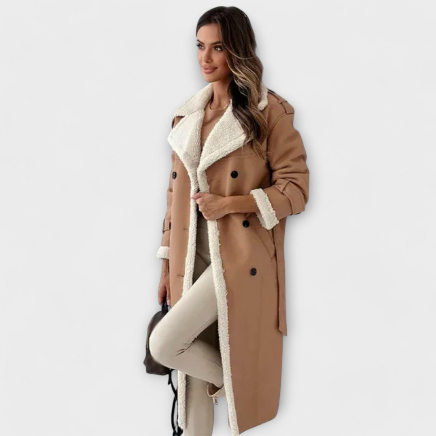 Maria – Chaqueta clásica larga con forro de felpa y cuello de oso de peluche