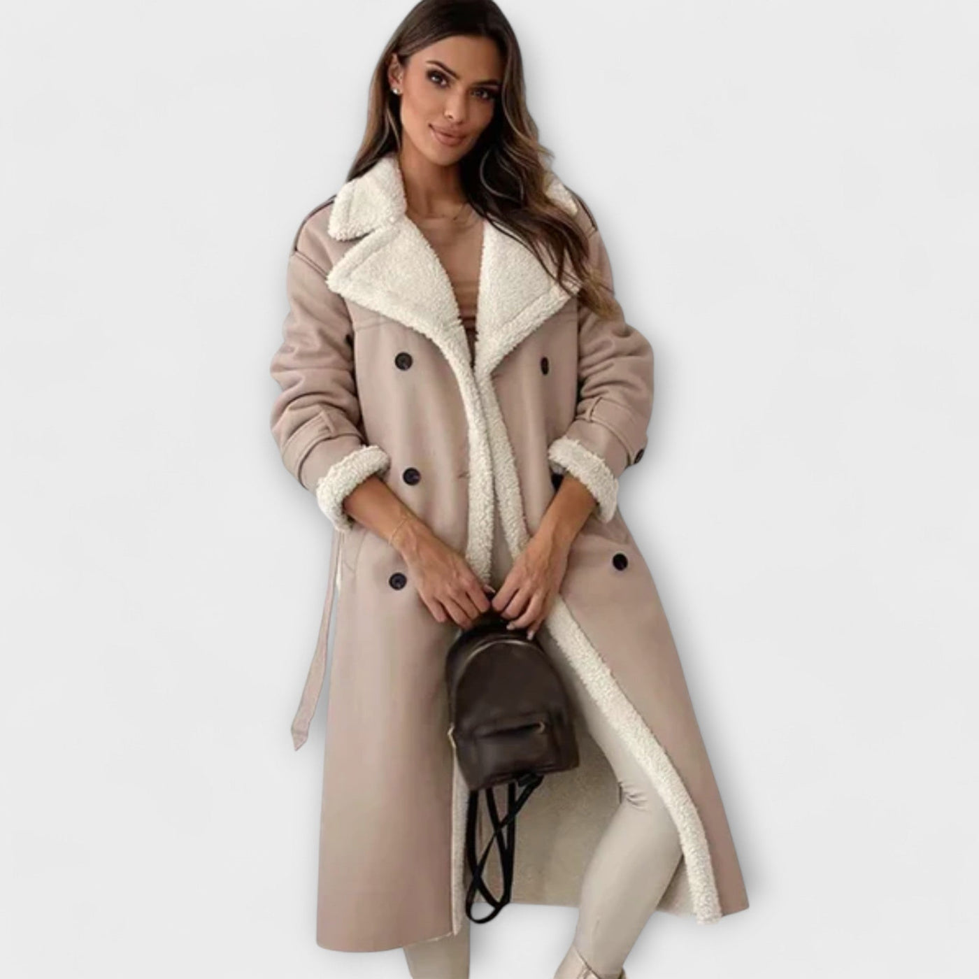 Maria – Chaqueta clásica larga con forro de felpa y cuello de oso de peluche