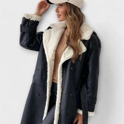 Maria – Chaqueta clásica larga con forro de felpa y cuello de oso de peluche