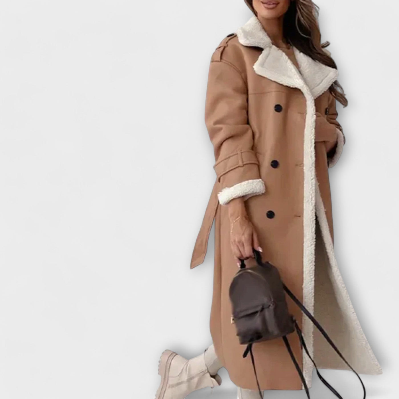 Maria – Chaqueta clásica larga con forro de felpa y cuello de oso de peluche