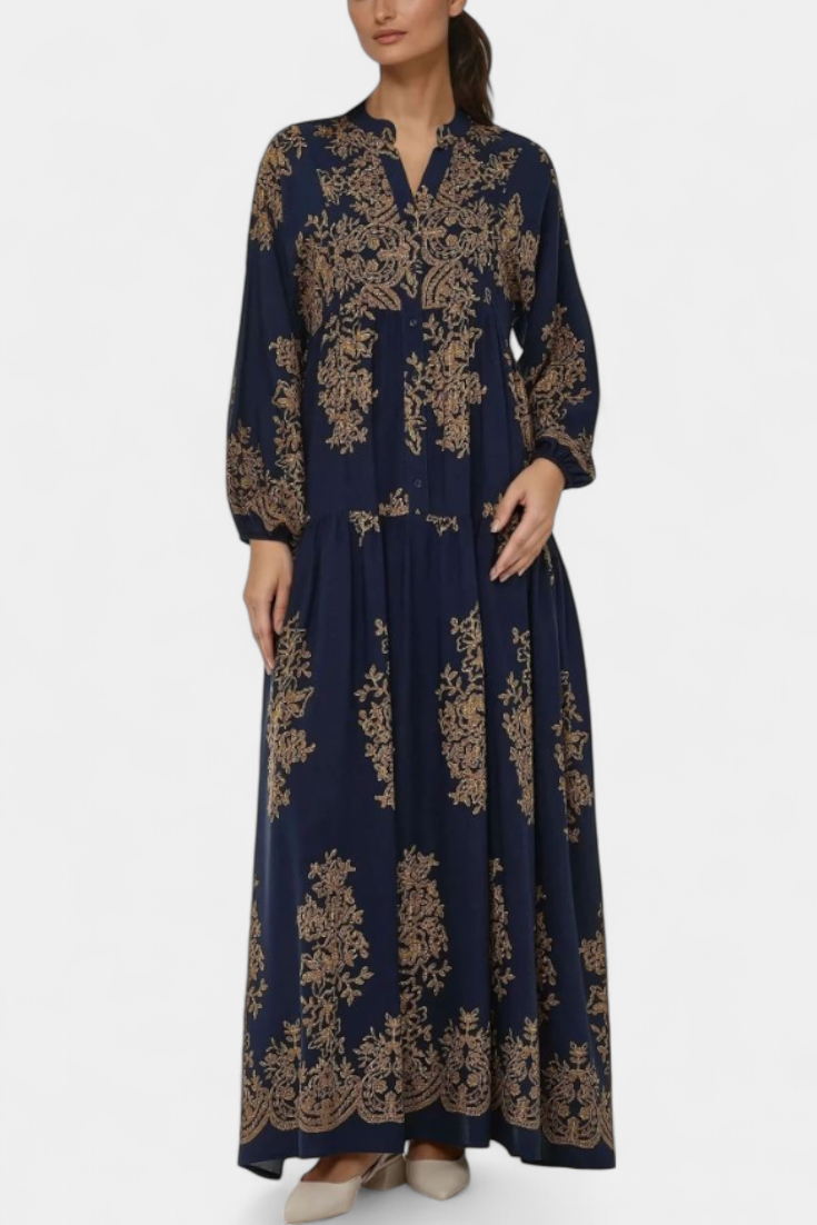 Yaiza Vestido Maxi con Aire Bohemio y Estampado Vintage