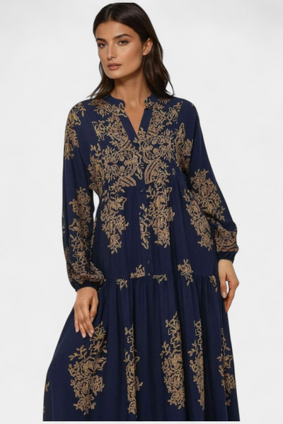 Yaiza Vestido Maxi con Aire Bohemio y Estampado Vintage