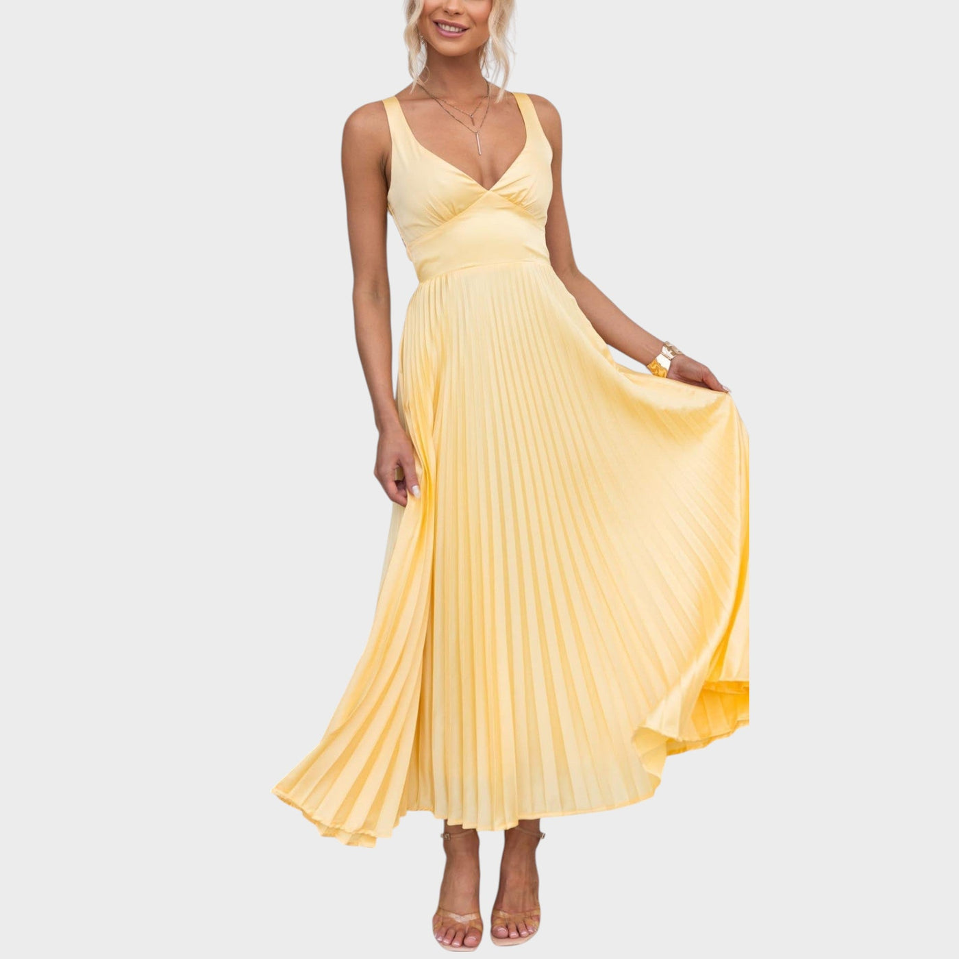 Aby - Maxivestido amarillo plisado con escote en V
