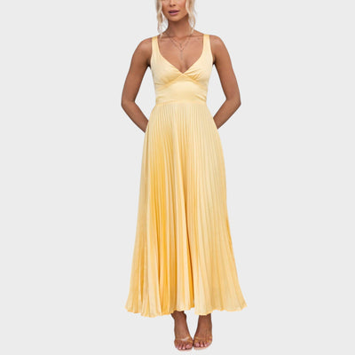 Aby - Maxivestido amarillo plisado con escote en V