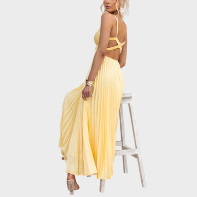 Aby - Maxivestido amarillo plisado con escote en V