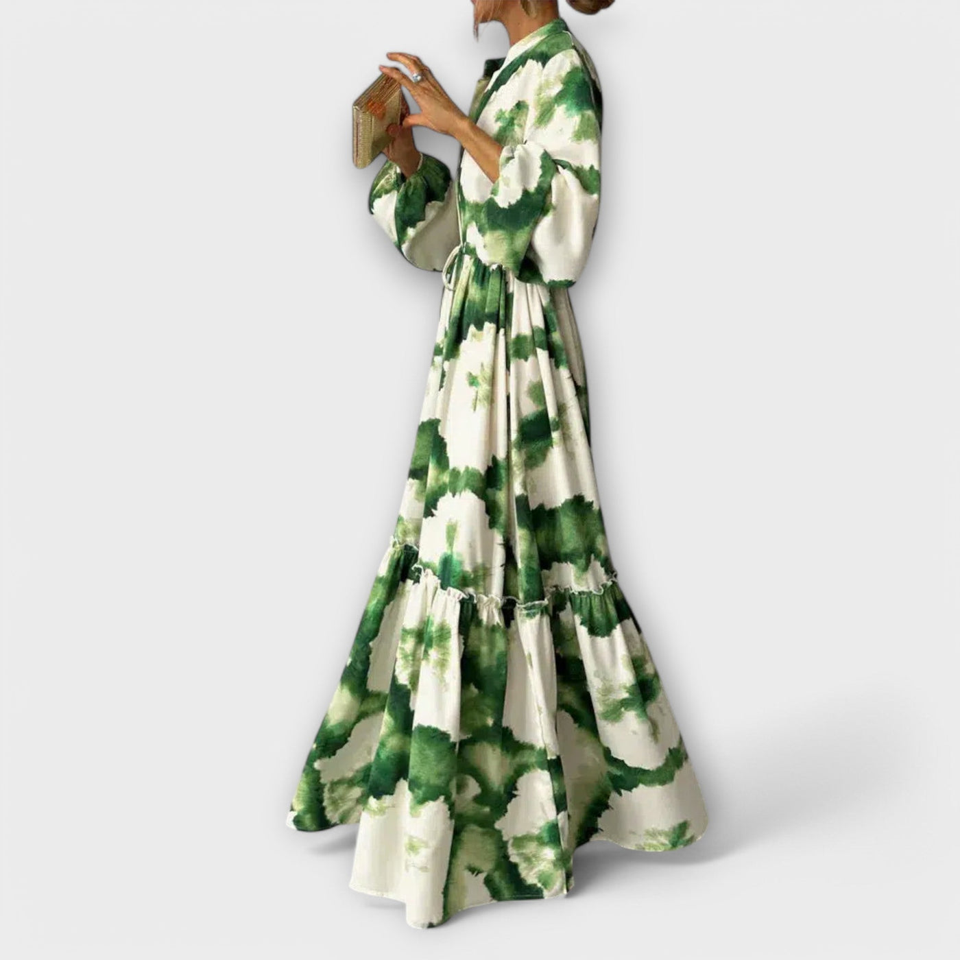 Melina - Vestido maxi verde con mangas largas y escote en V