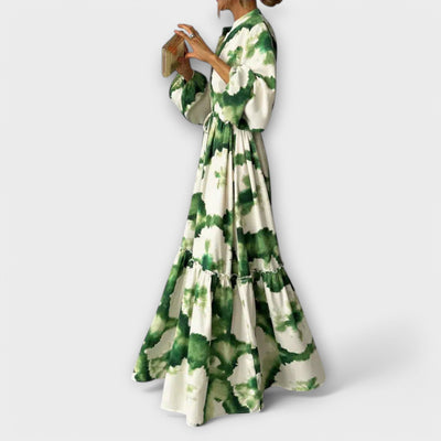 Melina - Vestido maxi verde con mangas largas y escote en V