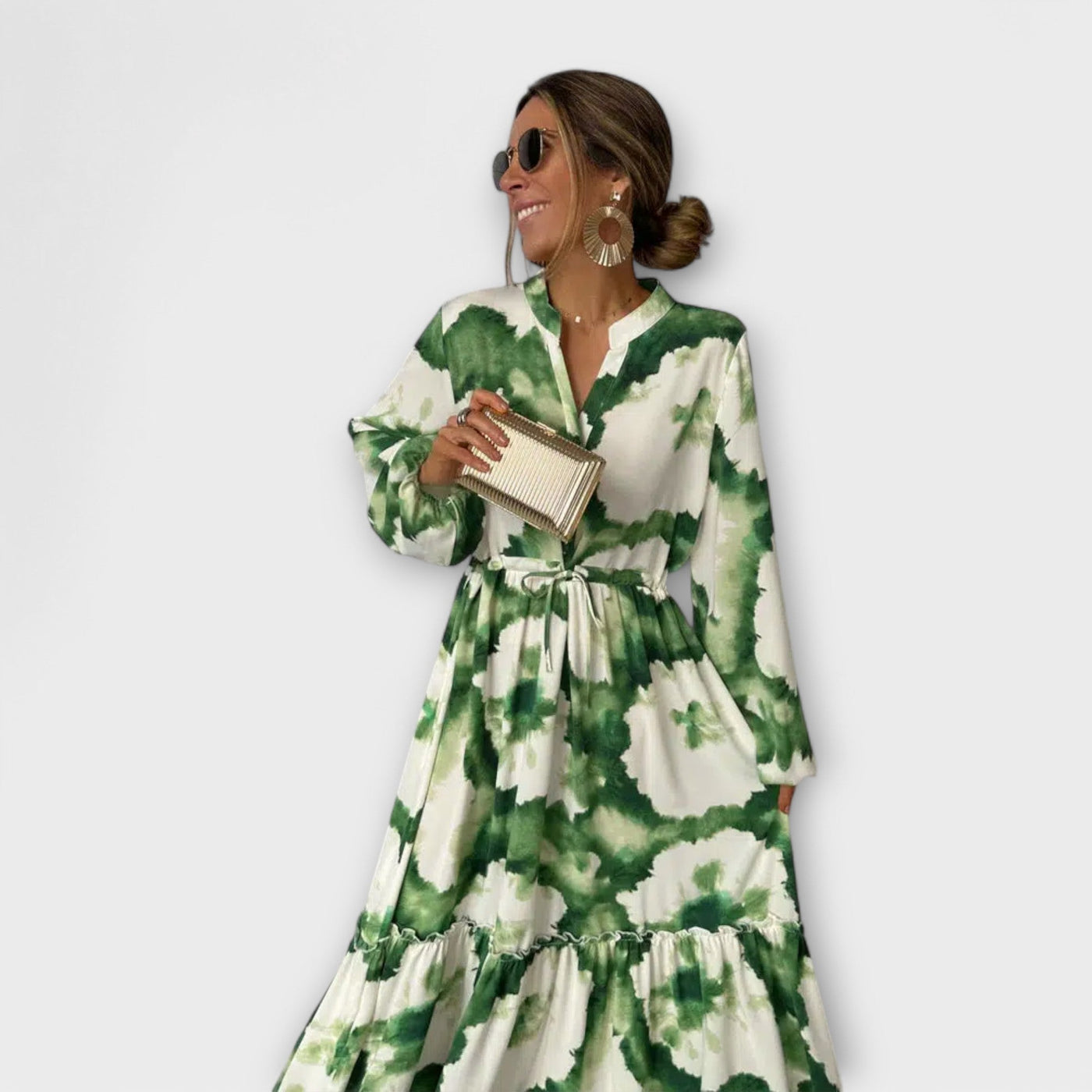 Melina - Vestido maxi verde con mangas largas y escote en V