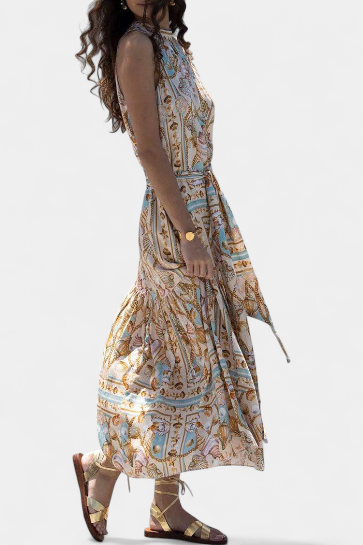 Teófila Vestido Largo con Estampado de Tesoros del Océano