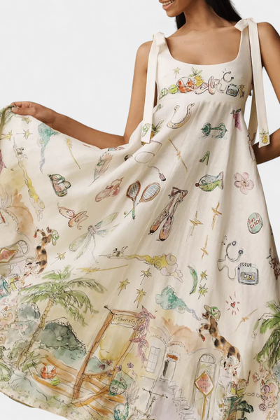 Cirila Vestido Largo con Cordones y Estampado Floral Fantasía