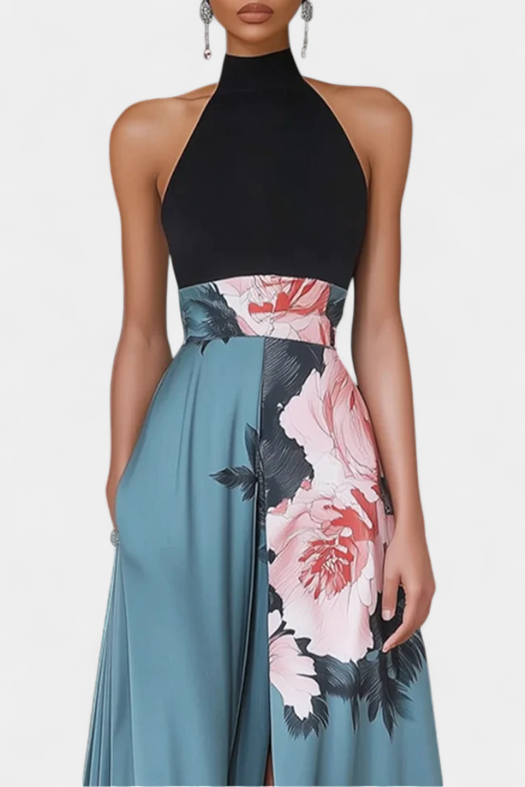 Radmila Vestido A-Line Floral con Cuerpo Negro y Falda Fluida