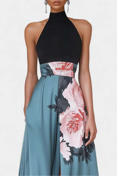 Radmila Vestido A-Line Floral con Cuerpo Negro y Falda Fluida