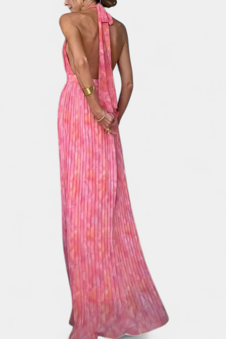 Prisca Vestido Maxi Plisado con Espalda Abierta y Cuello Halter