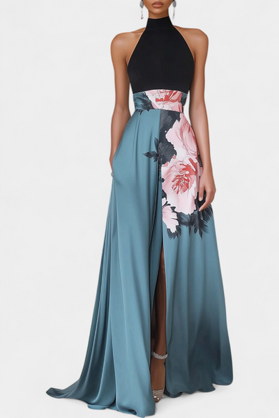 Radmila Vestido A-Line Floral con Cuerpo Negro y Falda Fluida