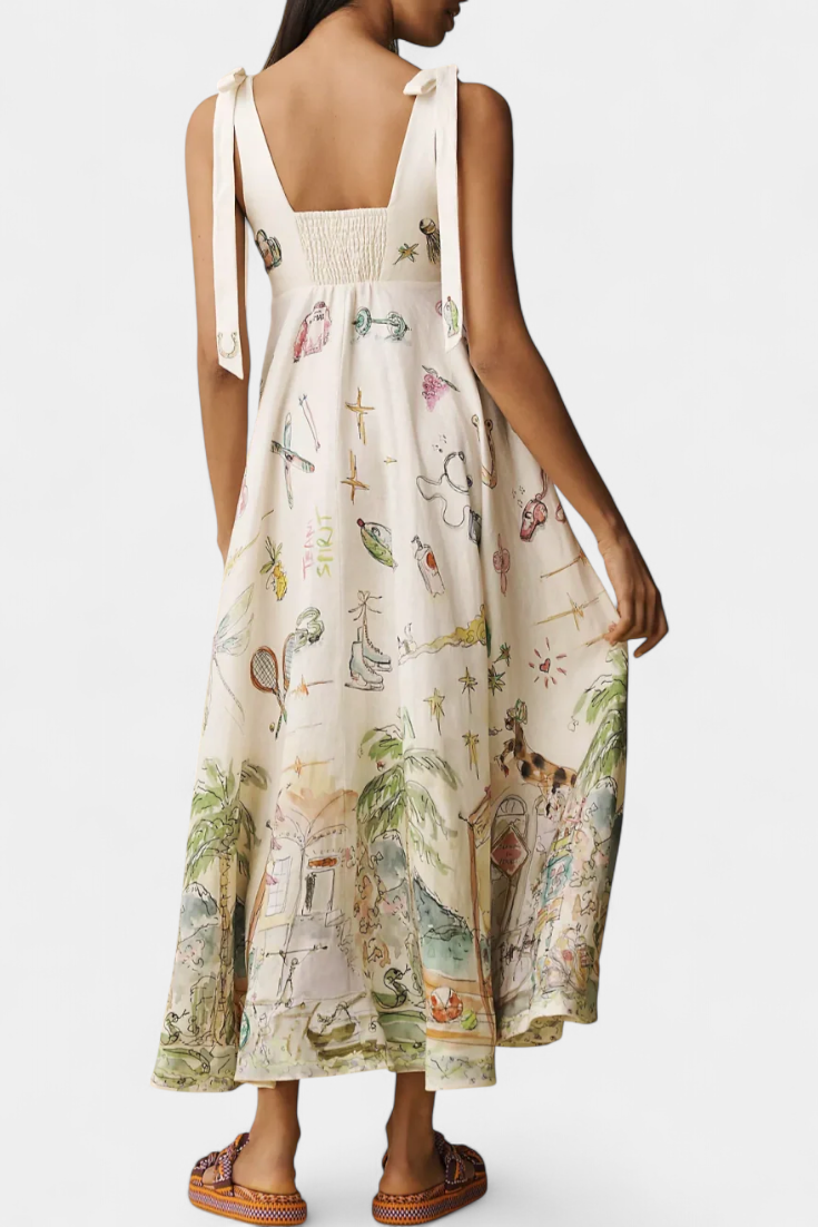 Cirila Vestido Largo con Cordones y Estampado Floral Fantasía