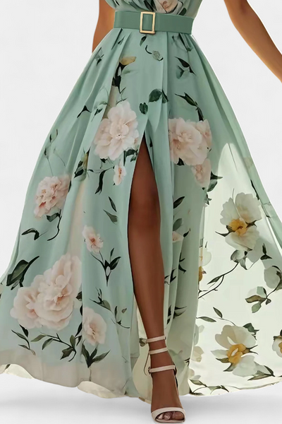 Nila Vestido Floral con Frunces y Abertura en Gasa