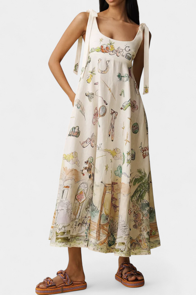 Cirila Vestido Largo con Cordones y Estampado Floral Fantasía