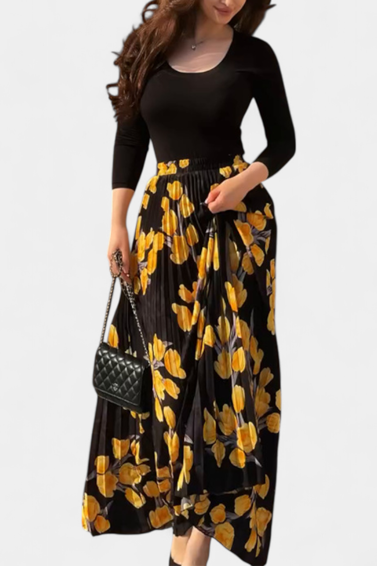 Samar Conjunto Estampado con Falda Plisada Floral y Top Negro
