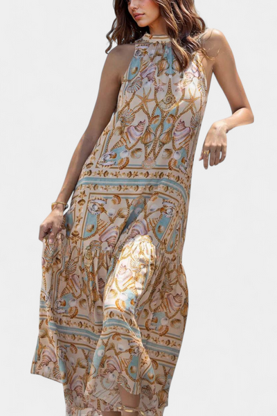 Teófila Vestido Largo con Estampado de Tesoros del Océano