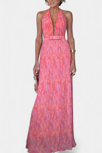 Prisca Vestido Maxi Plisado con Espalda Abierta y Cuello Halter