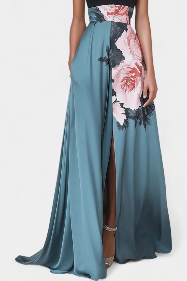 Radmila Vestido A-Line Floral con Cuerpo Negro y Falda Fluida