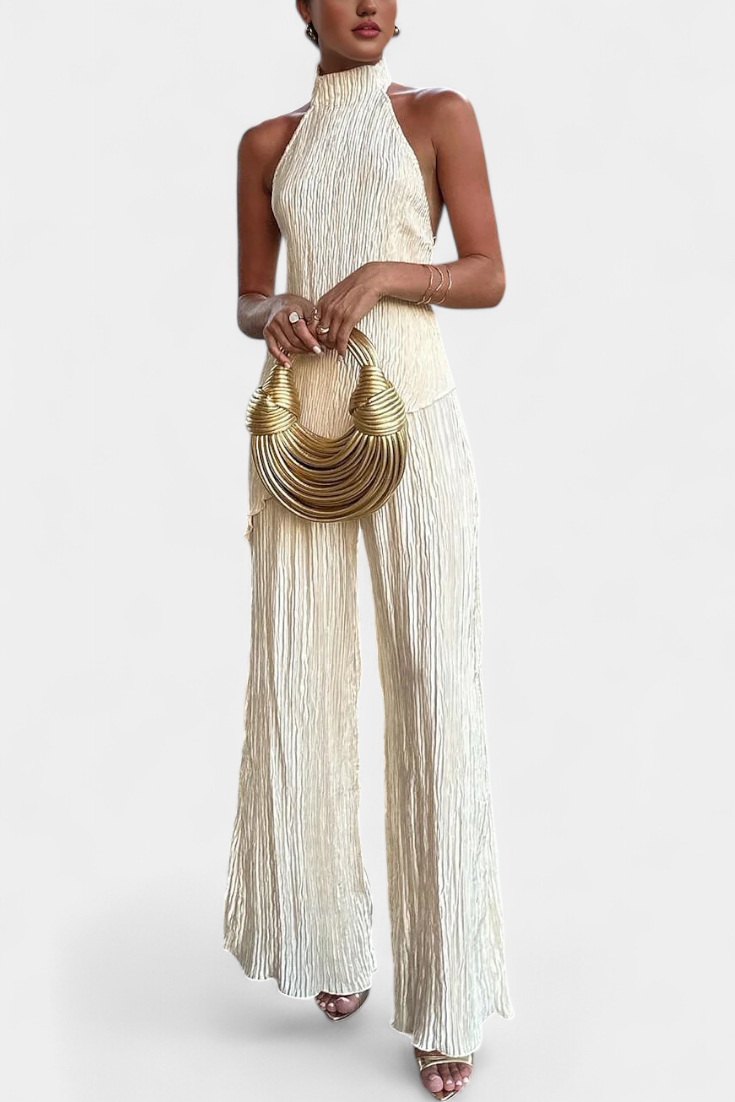 Pilarica Conjunto Elegante Plisado de Top Asimétrico y Pantalón Fluido