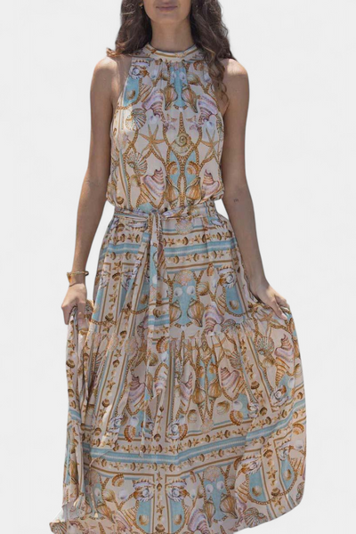 Teófila Vestido Largo con Estampado de Tesoros del Océano