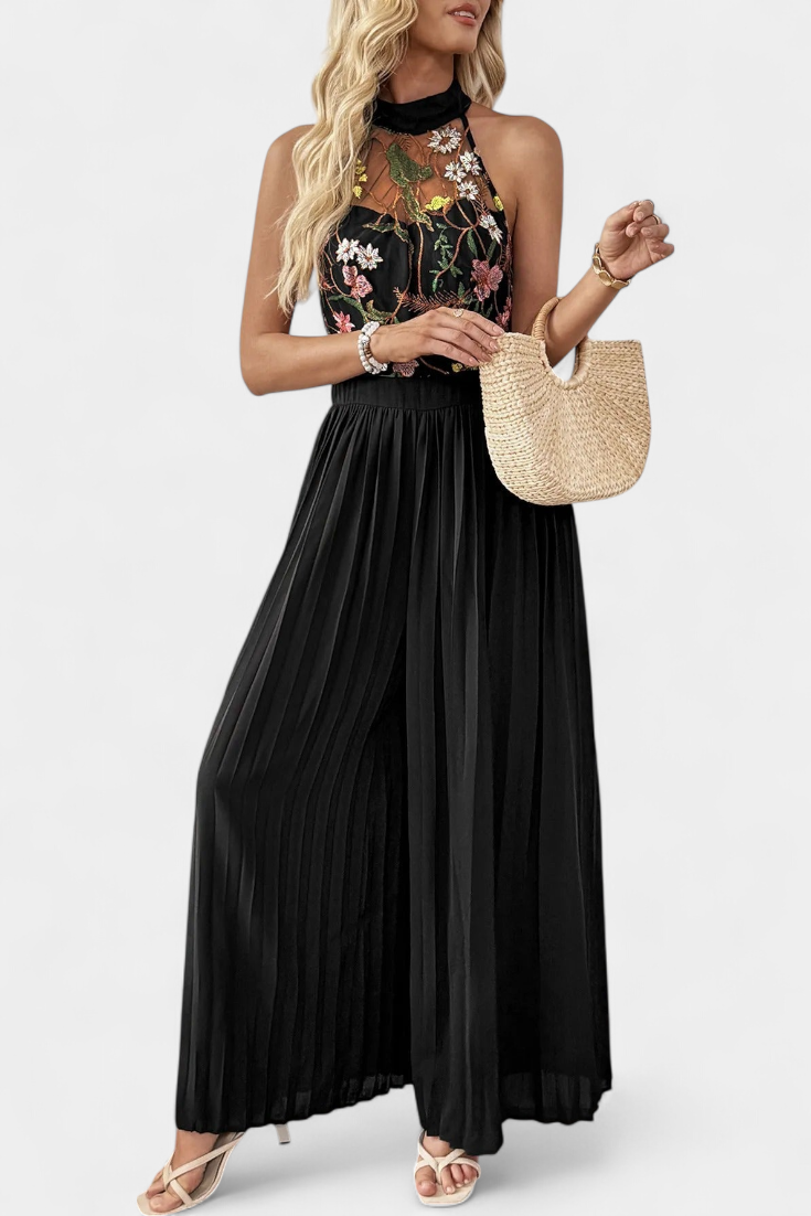Maruja Mono Palazzo con Bordado Floral y Encaje Transparente